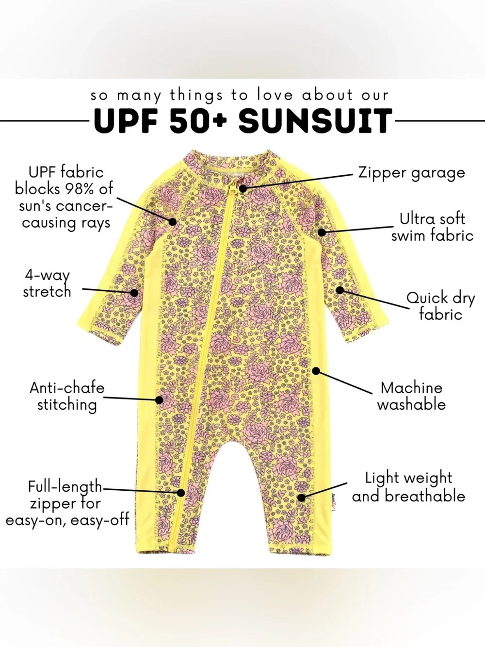 SwimZip Yellow Ditsy Floral Long Sleeve Sunsuit Romper UPF 50+ 12-18m
